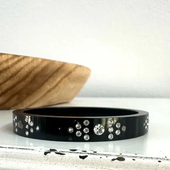 Vintage Black Plastic Bangle – Inset Rhinestones, Art Deco Style - Picture 1 of 6
